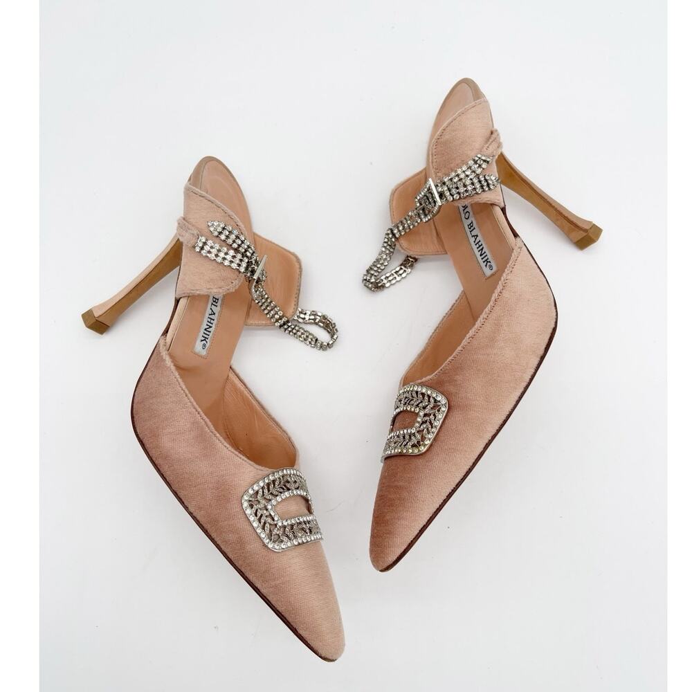 Manolo Blahnik Vintage Pink Velvet Crystal Buckle Pointed Toe Mule Heels IT 37.5